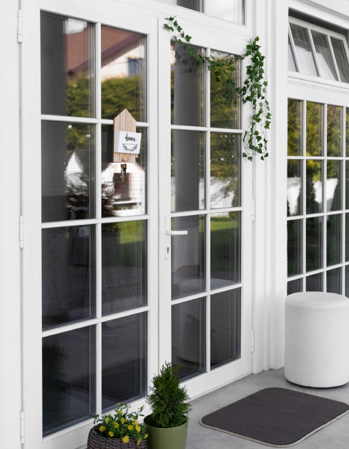 Porte-fenêtre blanche avec vitrages et encadrement moderne